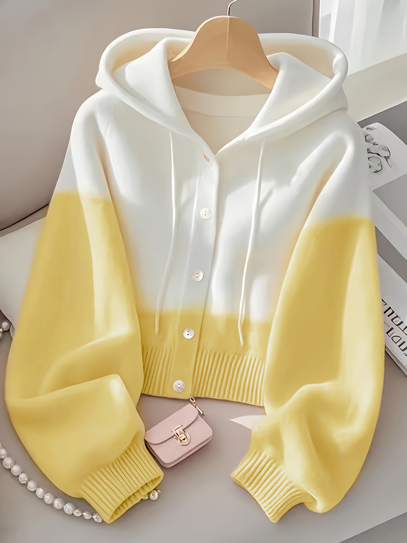 korean style pink spliced hooded sweater for women   autumn loose long sleeve top with lazy look