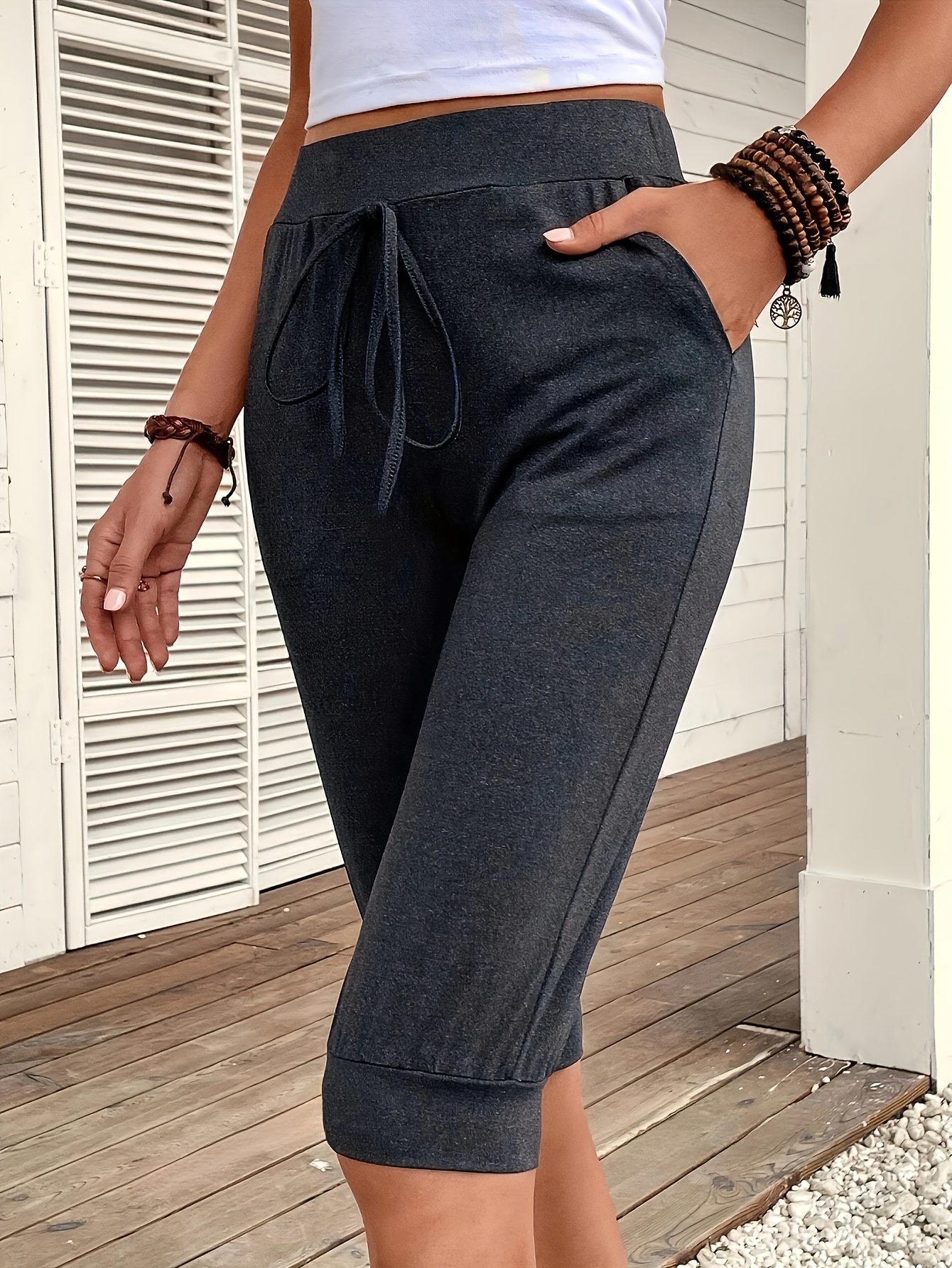 womens elegant three quarter length shorts fit solid Temu United