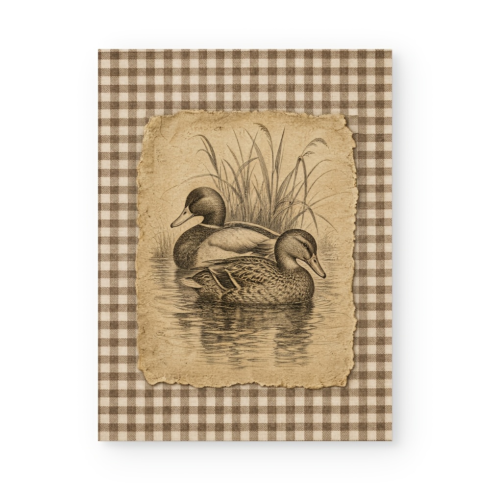 TEMU 2d Flat, Posters And Prints, Vintage Mallard Ducks Canvas Print, 2 Sketch Torn Paper Brown Gingham Check Wall Art, Vintage Farm Bird Cottage