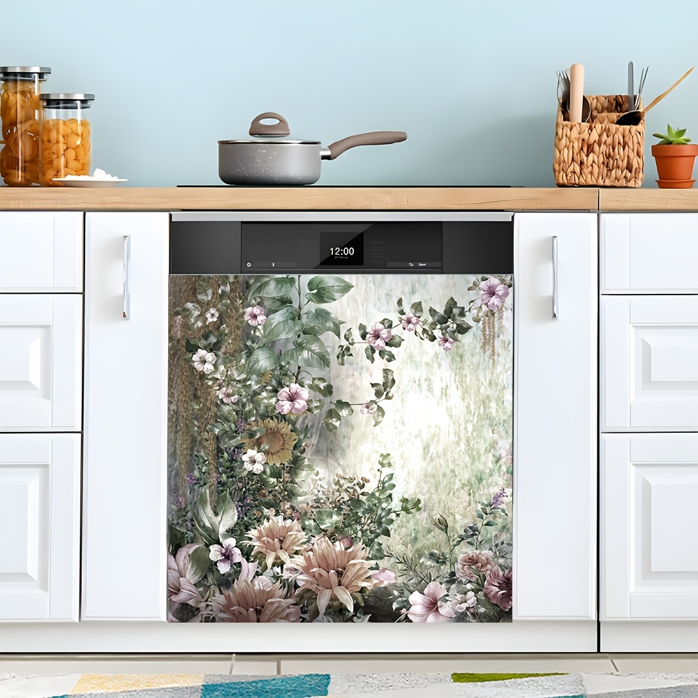 

Vintage Floral Magnetic Dishwasher Door Decal – Soft Magnet, Easy Surface Attachment For Kitchen Appliance Renovation, Greenery And Design