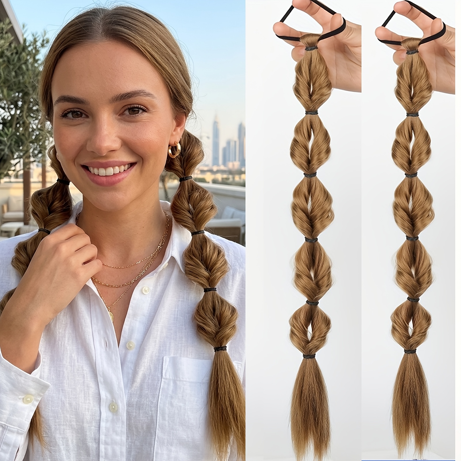 Image of 2pcs Bubble Ponytail Extension, 20 Inch Synthetic Braid Ponytail, Natural Looking Fake Ponytail For Women Daily Wear Party Cosplay Gift