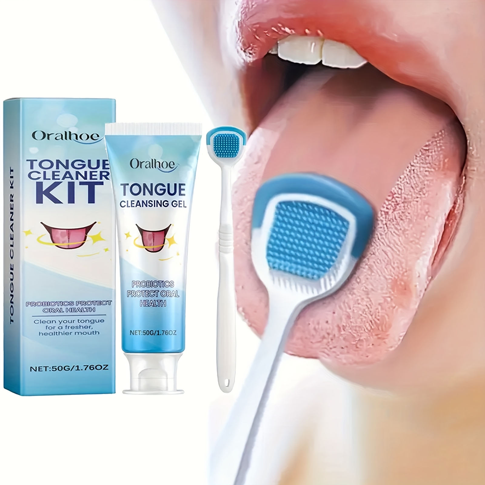 Ensemble de nettoyage de la langue, comprend un gel nettoyant probiotique de 50g et 1 brosse à langue, nettoie la surface de la langue, maintient la bouche fraîche, adapté aux soins bucco-dentaires quotidiens après les repas, cadeau de la fête des mères pour les femmes