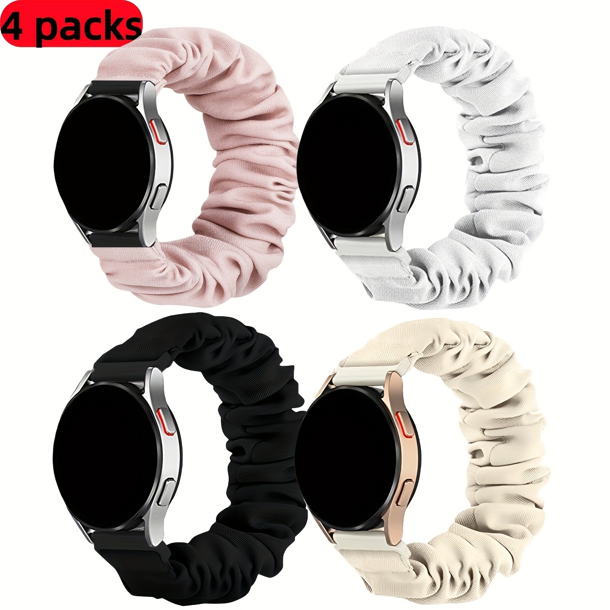 E-shop 4er-Pack Scrunchie-Elastische Uhrenarmbänder, 20mm Weiche Dehnungs-Ersatzarmbänder Kompatibel mit for Samsung Galaxy Watch 7/6/5/4/FE 40mm 44mm,