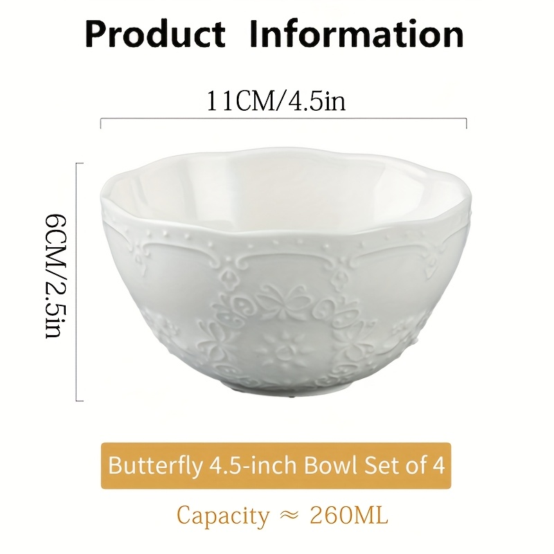 TEMU 4pcs Ceramic Bowl Set, 4.5 Inches, Elegant , White/, Stackable - Ideal For Salad Bowls, Fruit Bowls, Noodle Bowls, Dessert Bowls, Rice Bowls,