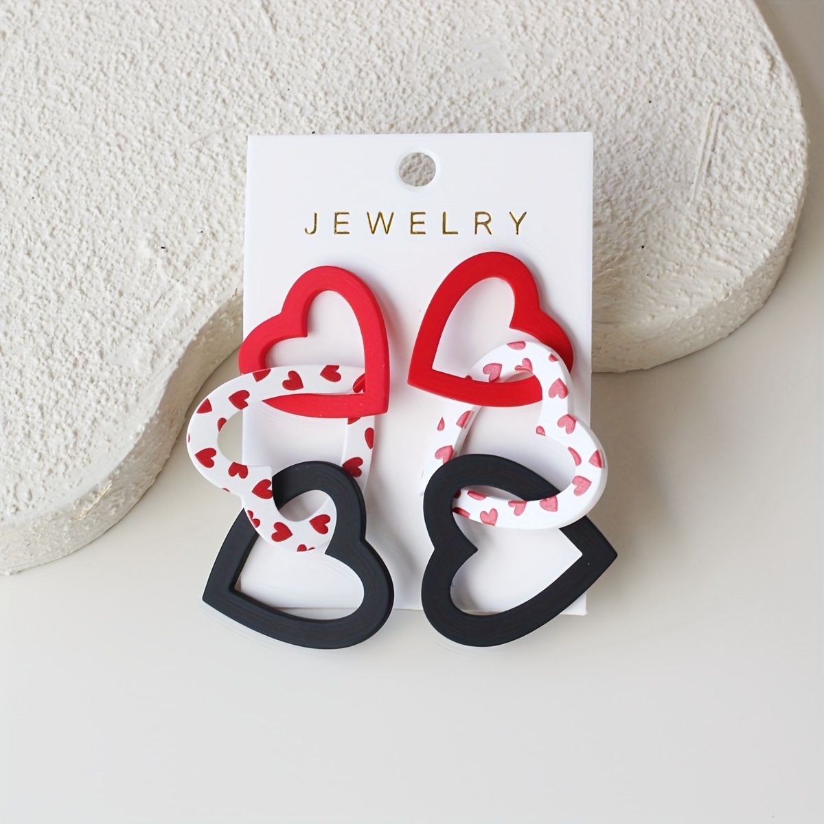 Image of Valentine's Day Pair Of Three-color Hollow Heart Acrylic Drop Earrings In Red, White, And Black; Cute And Elegant With A Clay-like Texture, Wear, Parties, Vacations, And As Gifts For Holidays