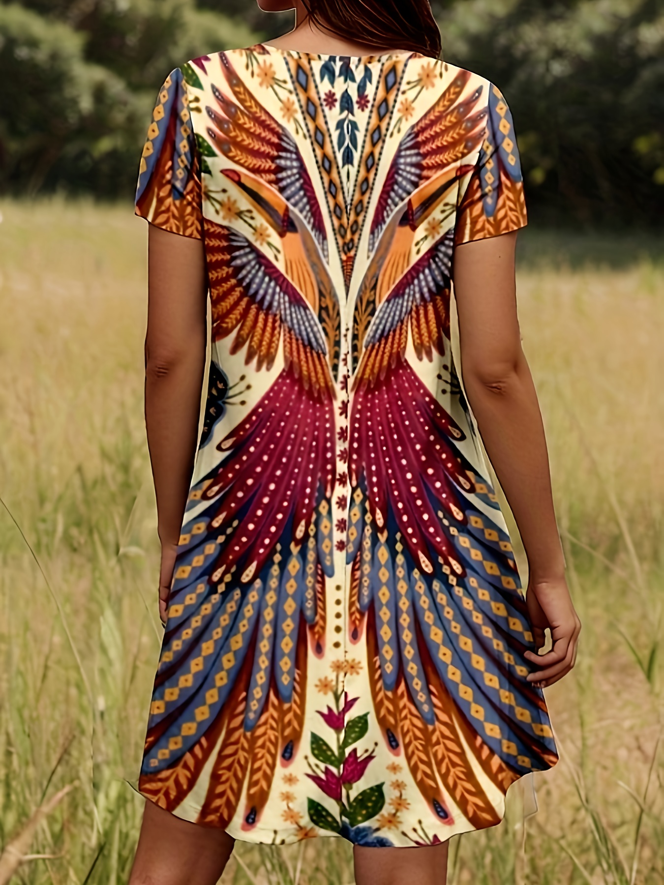 Robe élégante pour femme - Coupe A, Imprimé floral, longueur genou, manches courtes, col rond, lavable en machine, polyvalente du printemps à l'automne, confortable et tendance