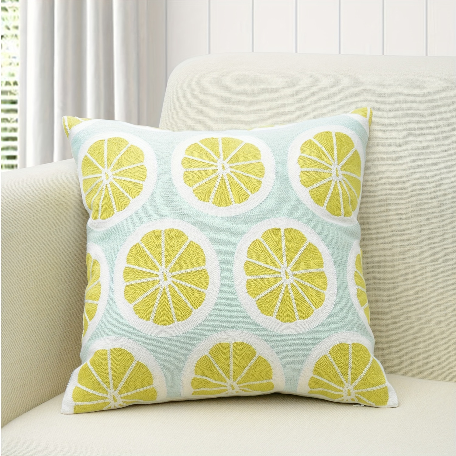 

Contemporary Lemon Embroidered Throw Pillow Cover, 100% Cotton Woven Cushion Case With Zipper Closure, Machine Washable, Fits Various Room Types - 1pc