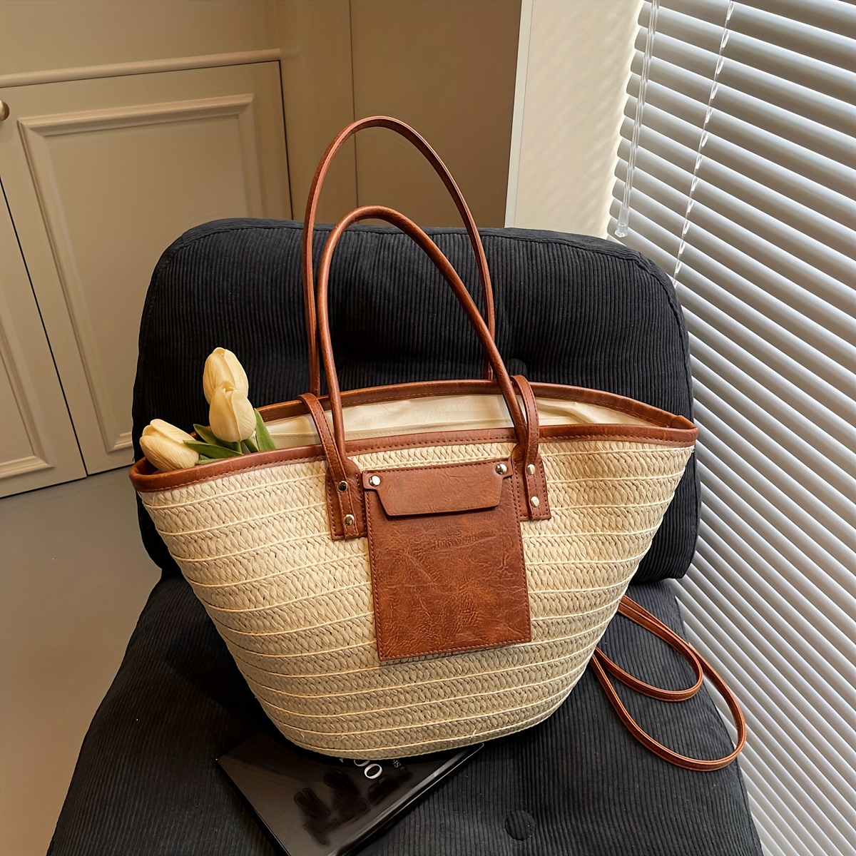 Image of Minimalist Large Capacity Straw Woven Women's Bag Handbag Vacation Shoulder Bag Travel Tote Bag Women's Bag Shoulder Tote Handbag Beach Bag