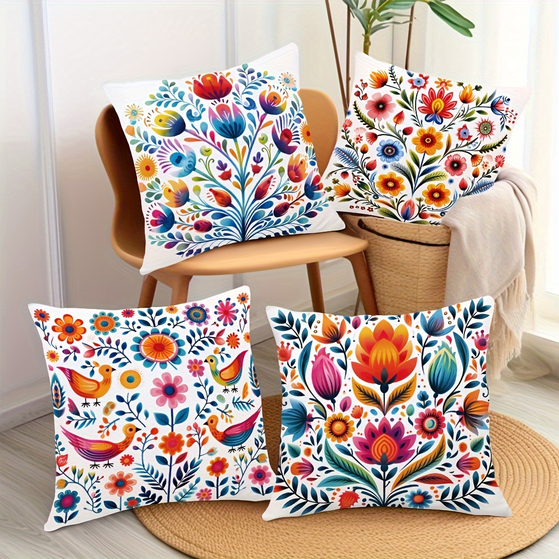 

4-piece Vibrant Mexican Folk Art Throw Pillow Covers - Red/blue, Polyester, No Insert Needed - Perfect For Sofa, Bed, Car & Living Room Decor