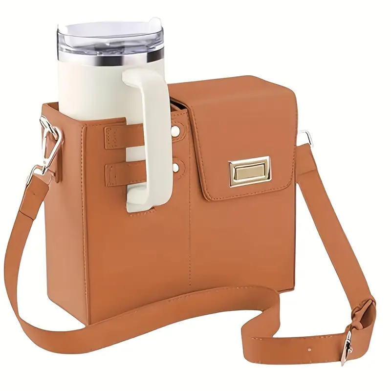 a stylish shoulder bag for for carrying a water or coffee cup this versatile bag is ideal for any season and is great for work travel exercise or shopping brown 1 10