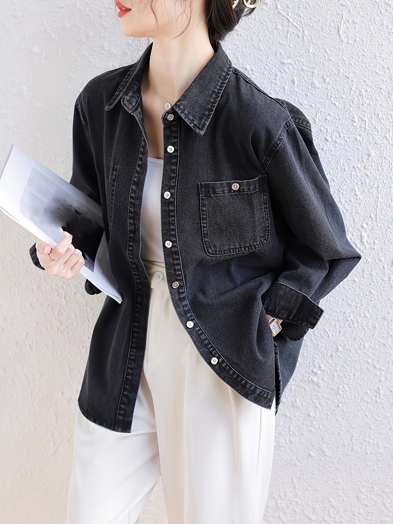 camisa negra chic mujer moda casual larga Temu Colombia - Main Image