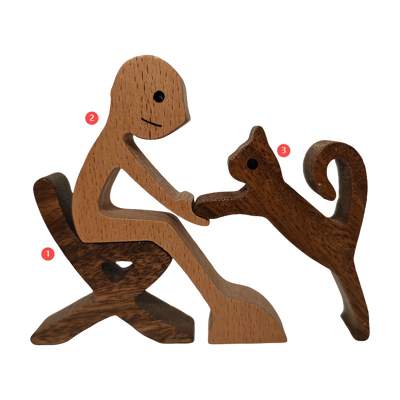 Image of 3pcs Set, Pet Wood Carved Kitten, Family Commemorative Gift, Creative Decoration Wood Carved Decorative Crafts, Living Room Entrance, Bookshelf, Wine Cabinet, Tv Cabinet Decoration, Nordic Decoration