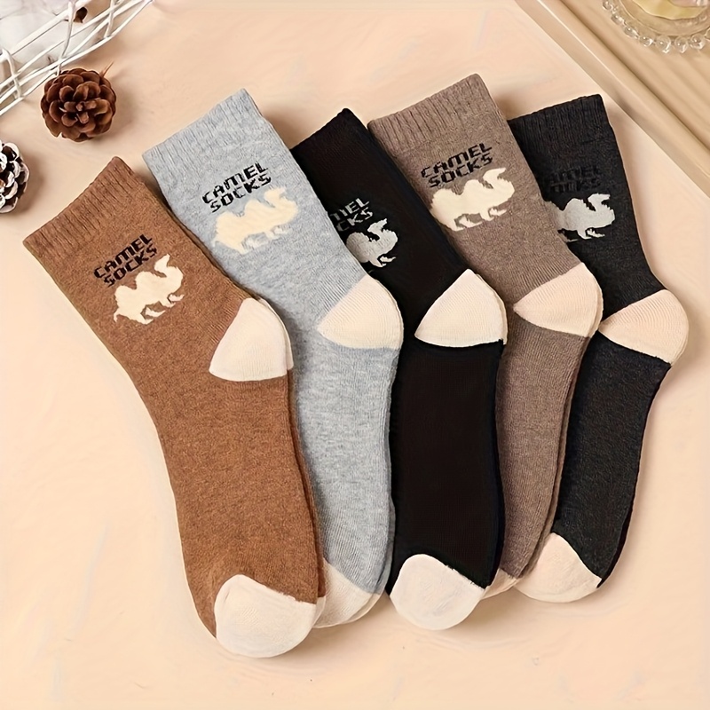 TEMU 5-pair Men's Winter Thermal Socks, Thickened Camel Color With Pleated Cuffs, Suitable For Cold Weather Outdoor Activities (hand Wash Only), Soft