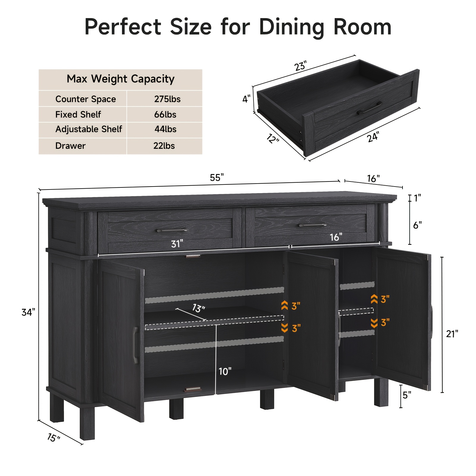 Farmhouse 48 Inch Buffet Cabinet with Storage, 48 Inch Sideboard with 2 Drawers And 3 Doors - Wood Coffee Bar Cabinet with Adjustable Shelves for Kitchen, Dining Room, Living Room