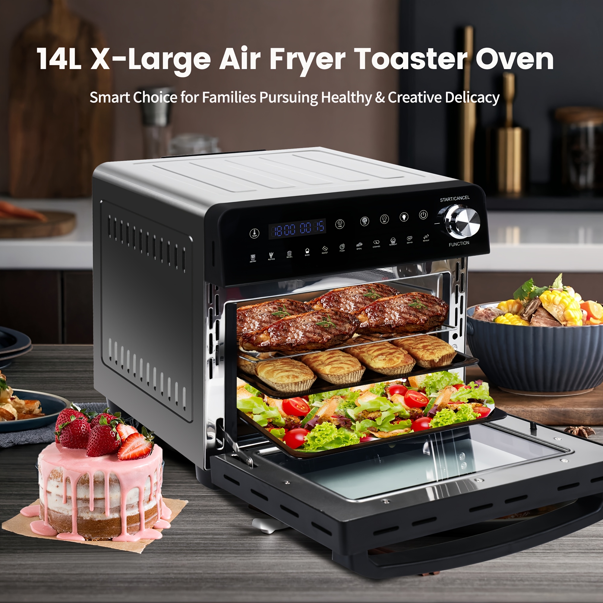 

Hot Air Fryer 14 L Airfryer Mini Oven, Xxl Mini Oven 1800 W With 11 Programmes And Led Display, 7 Accessories Including Rotisserie And Recipe Book