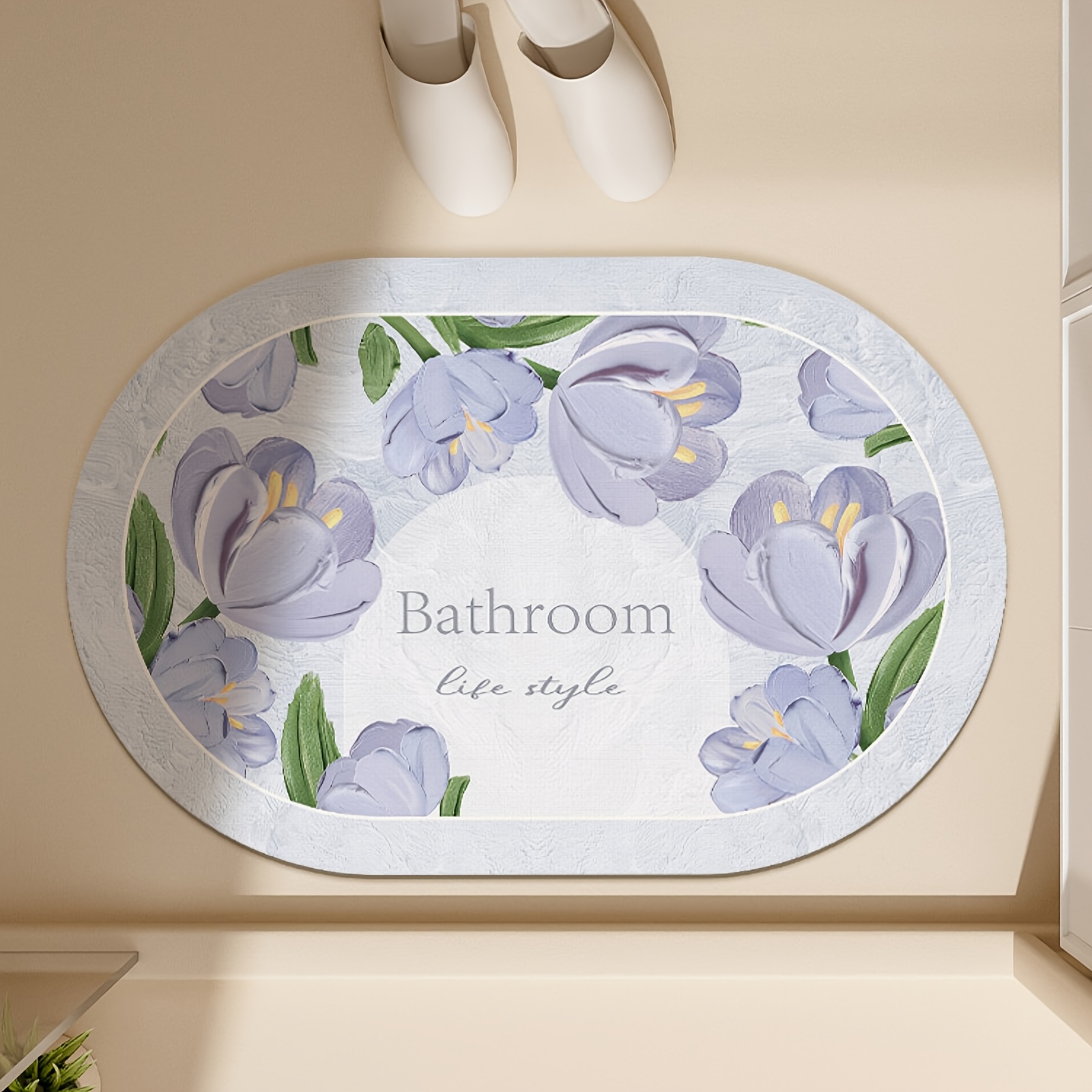 TEMU 1pc Oil Painting Style Bathroom Mat, Multicolor Tulip Pattern Print, Oval Design, Soft Mud Foot Mat, Bathroom Water-absorbing Anti-slip Mat,