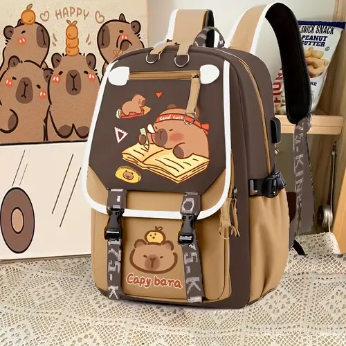 large capacity kawaii capybara backpack with headphone jack and charging port durable nylon adjustable shoulder straps lightweight zipper closure ideal for school and daily use backpack for school
