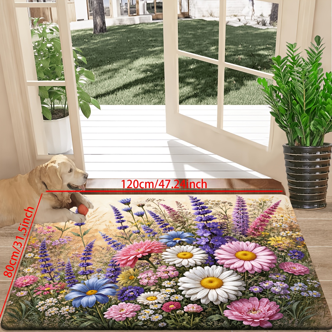 TEMU [ Products][flannel   1cm Thick Sponge Material] Fun Doormatï½vibrant Floral Patterns Printed On A Colorful Mat, Suitable For Settings Like