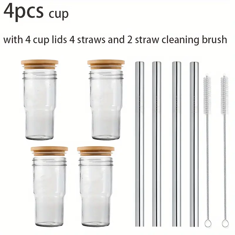 2pcs 4pcs insulated glass cup cold drink cup slush cold drink glass straw cup water cup wooden lid with cup cover straw straw cleaner home cold drink party beverage accessories Product details 8