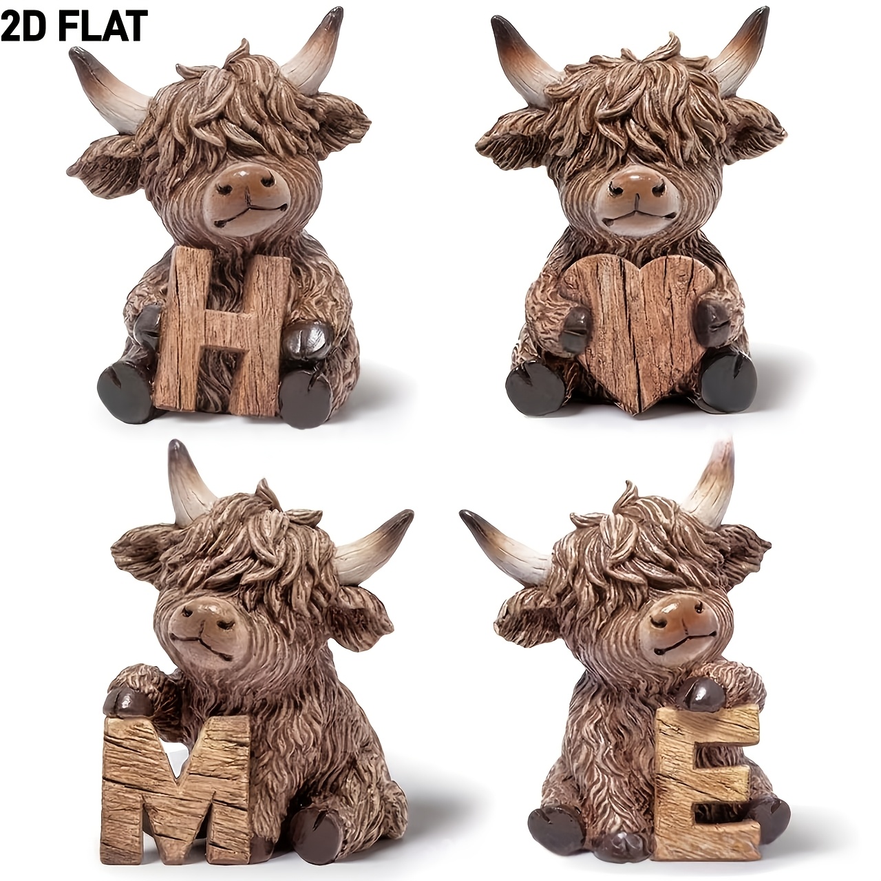 Image of 2d Flat, 4pcs Highland Cow Decorative Plaque, Wooden Highland Cow Ornament, Highland Cow Gifts, Gifts For Cow Lovers, Gift, Home Decor, Desktop Office Decoration, Bathroom Bedroom Decor, 2d Flat