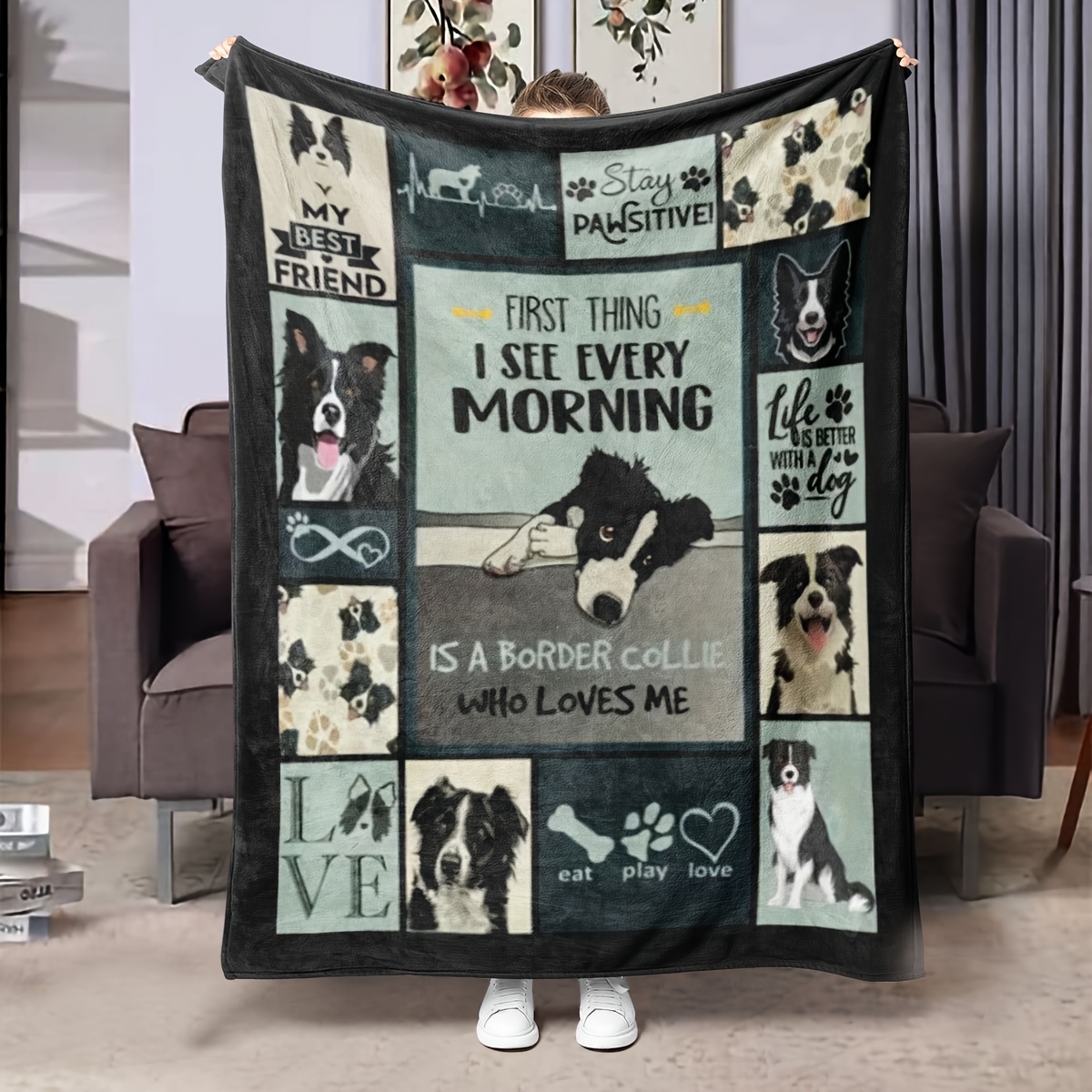 TEMU 1pc Border Collie Fun Flannel Throw Blanket: Features Border Collie Pattern Designs, This Warm And Practical Blanket Adds To Your Home Sofa, A