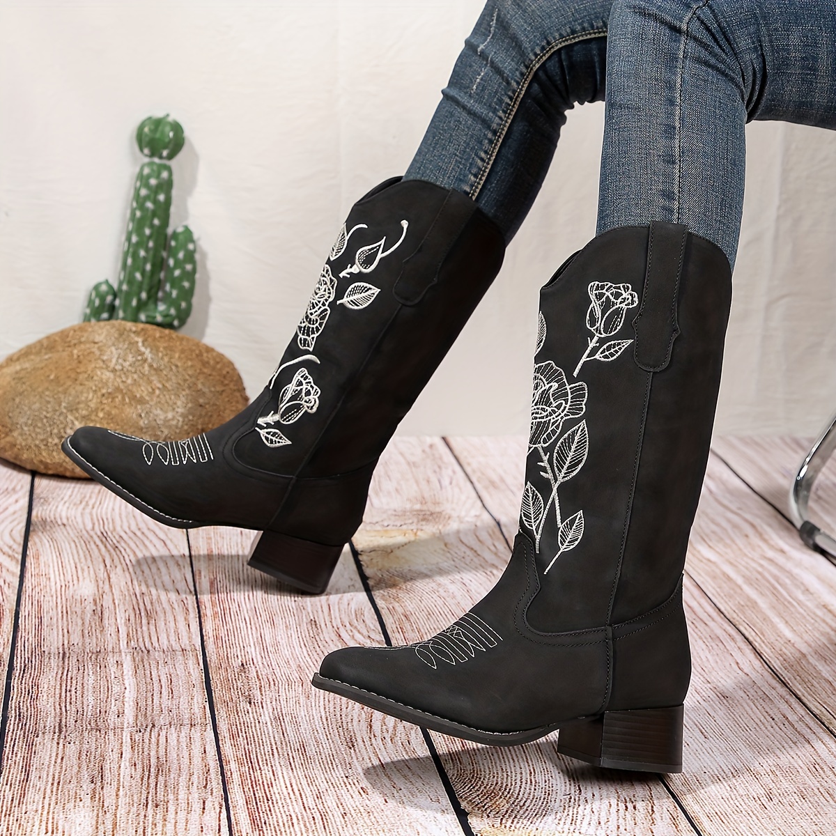 womens rose embroidered western boots retro square toe - Temu