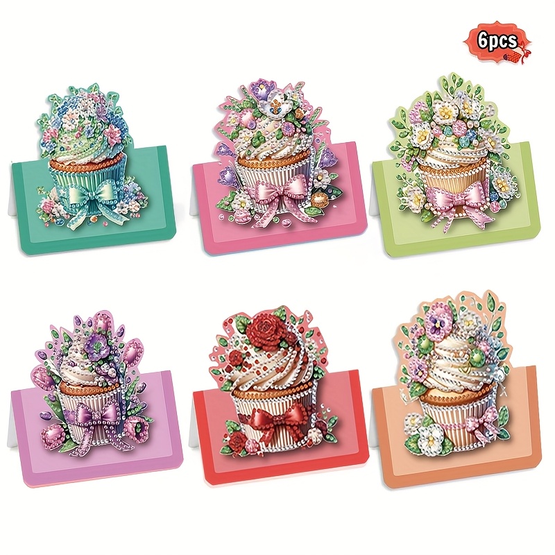 TEMU 6pcs Set 5d Diy Diamond Painting Dopamine Dessert Cake 3d Greeting Card Kit, Flip- Birthday Holiday Greeting Card, Art Craft Kit With Envelopes For Creative Christmas Gifting