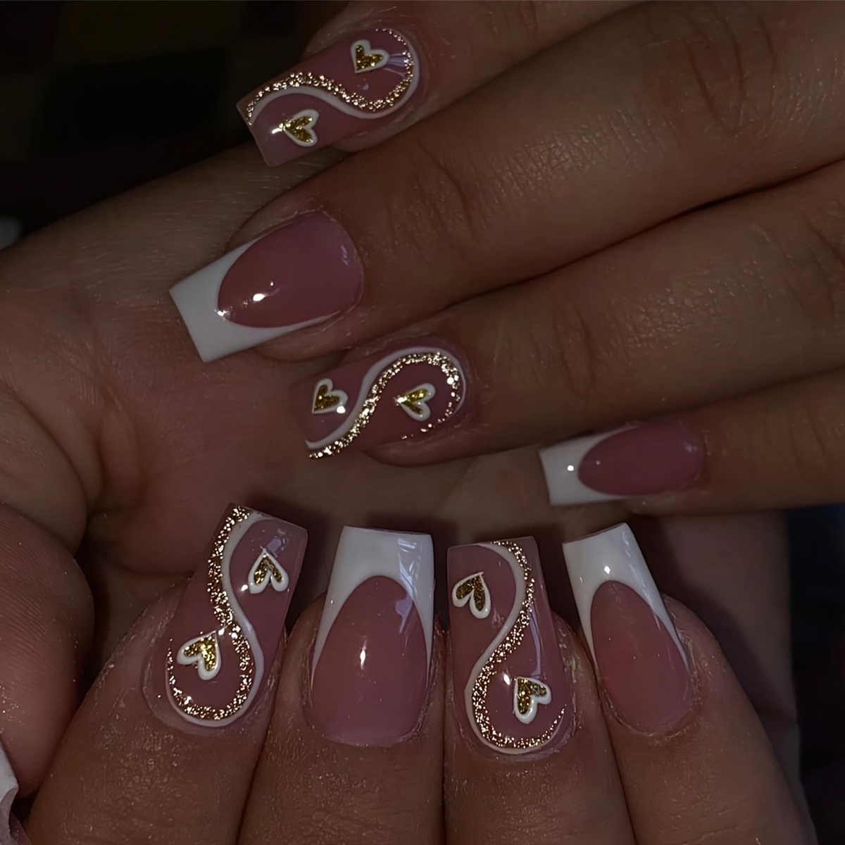 TEMU Set Of 48 Glossy Press-on Fake Nails In White And Pink - Medium Square Length, Reusable, Featuring Heart And Vortex Designs, Includes Jelly Glue