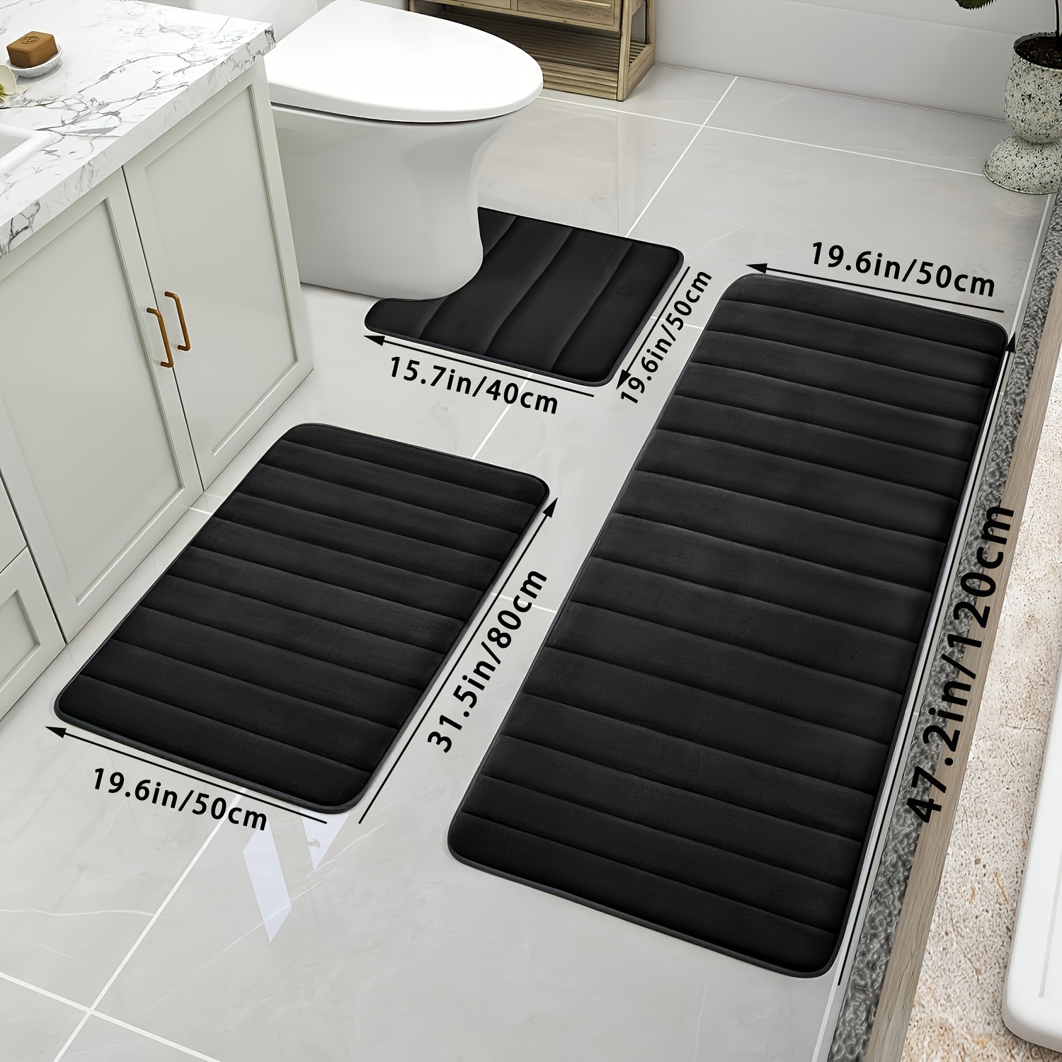 

3-piece Soft Bathroom Rugs Set - Non-slip Tufted Knit Fabric Bath Mat, Quick-dry Absorbent Polyester Bath Rug, Water Absorbent Oblong Toilet Mat, Machine Washable, Comfortable Plush Bath Carpet Set