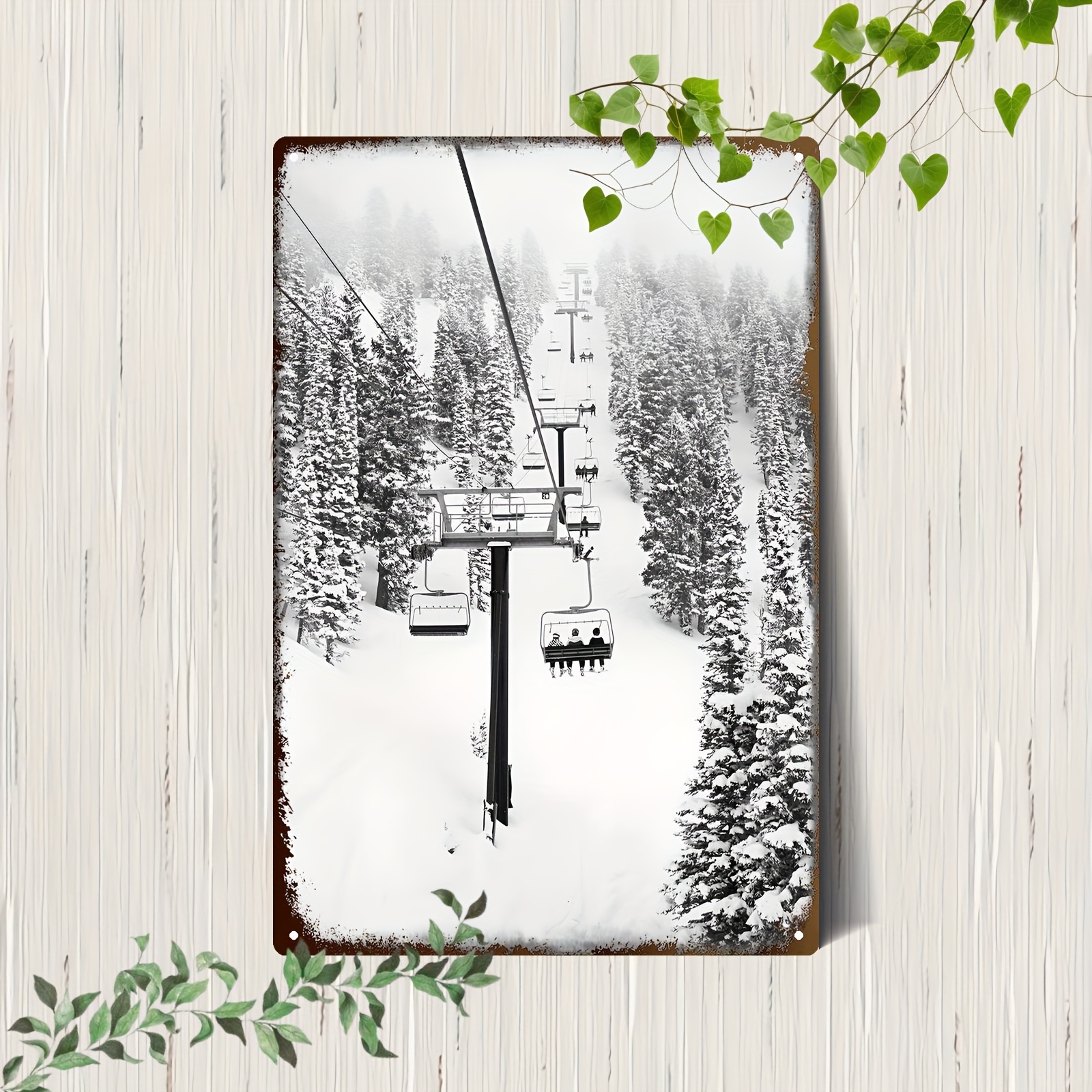 TEMU 2d Flat, 1pc Vintage Winter Ski Resort Metal Wall Art Sign - Rustic 2d Flat Snowy Gondola Lift & Pine Trees Scene, 8x12in Iron Ski Decoration