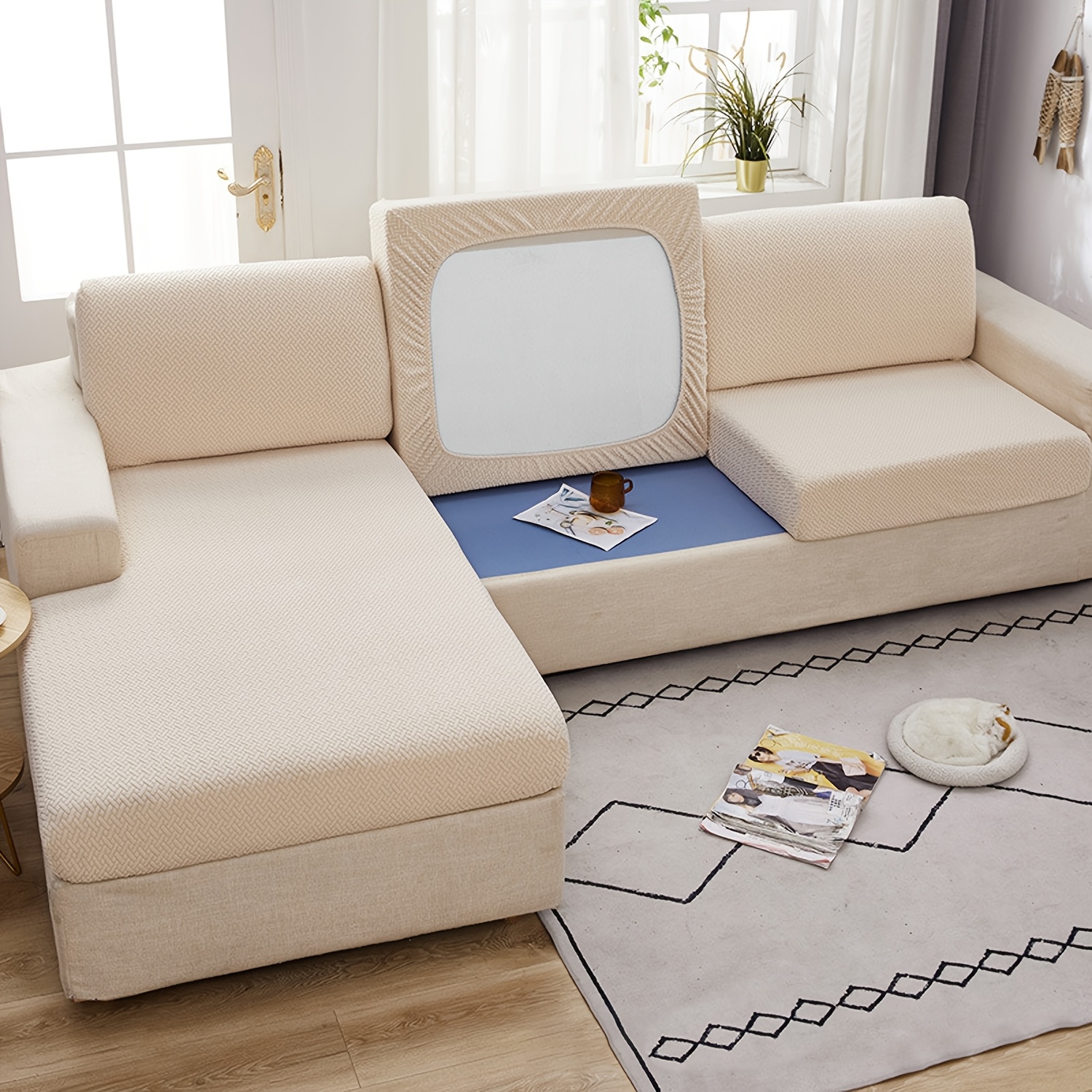 TEMU 6pcs/set New Large Jacquard Stretchable Sofa Cover High Elastic All-inclusive Non-slip Universal Furniture Protection Cover Abrasion Resistant
