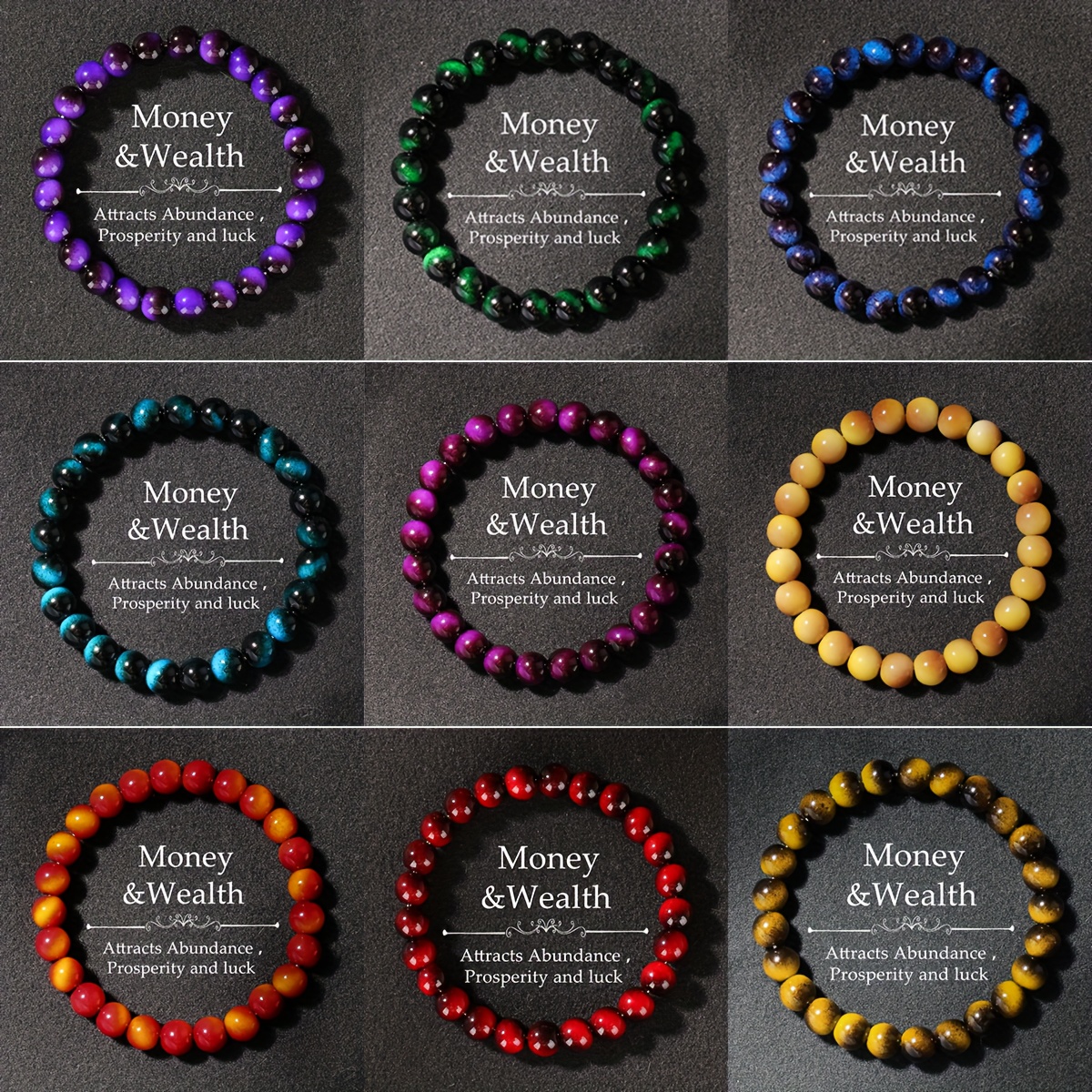 TEMU Handcrafted 9pcs Bracelet Made Of Tiger Eye Stones - Bohemian Jewelry Set Featuring 8mm Large Beads In Colors (turquoise, Purple, Blue, Green,