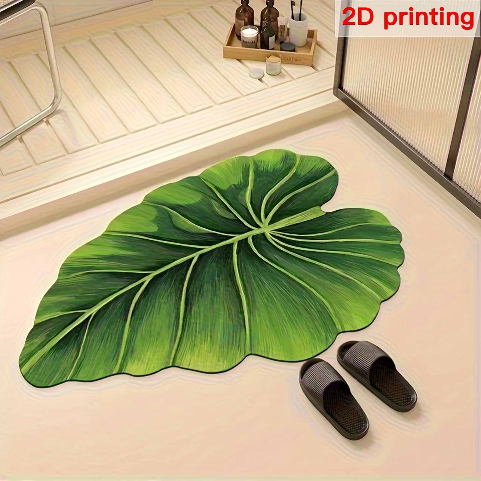 TEMU 2d Flat 1pc Green Leaf Shaped Bathroom Mat, Mud Material Quick Drying And Absorbent, Comfortable Feel, Suitable For Bathroom, Kitchen, Living