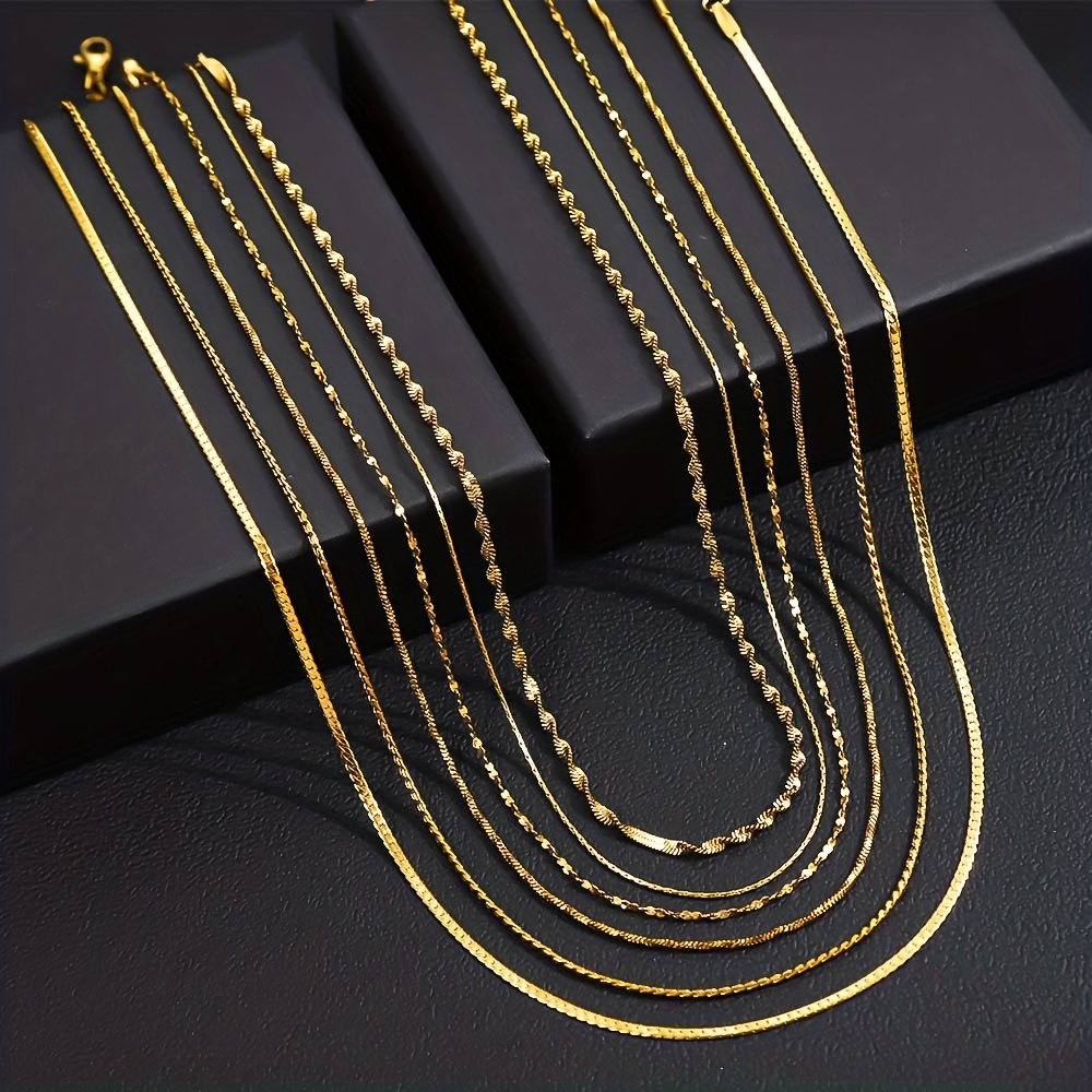 E-shop 6-teiliges elegantes 18K vergoldenetes Edelstahl-Verkettungs-Halsketten-Set - Mehrfach-Ketten-Stacking-Schmuck mit Verkettungsverschluss,