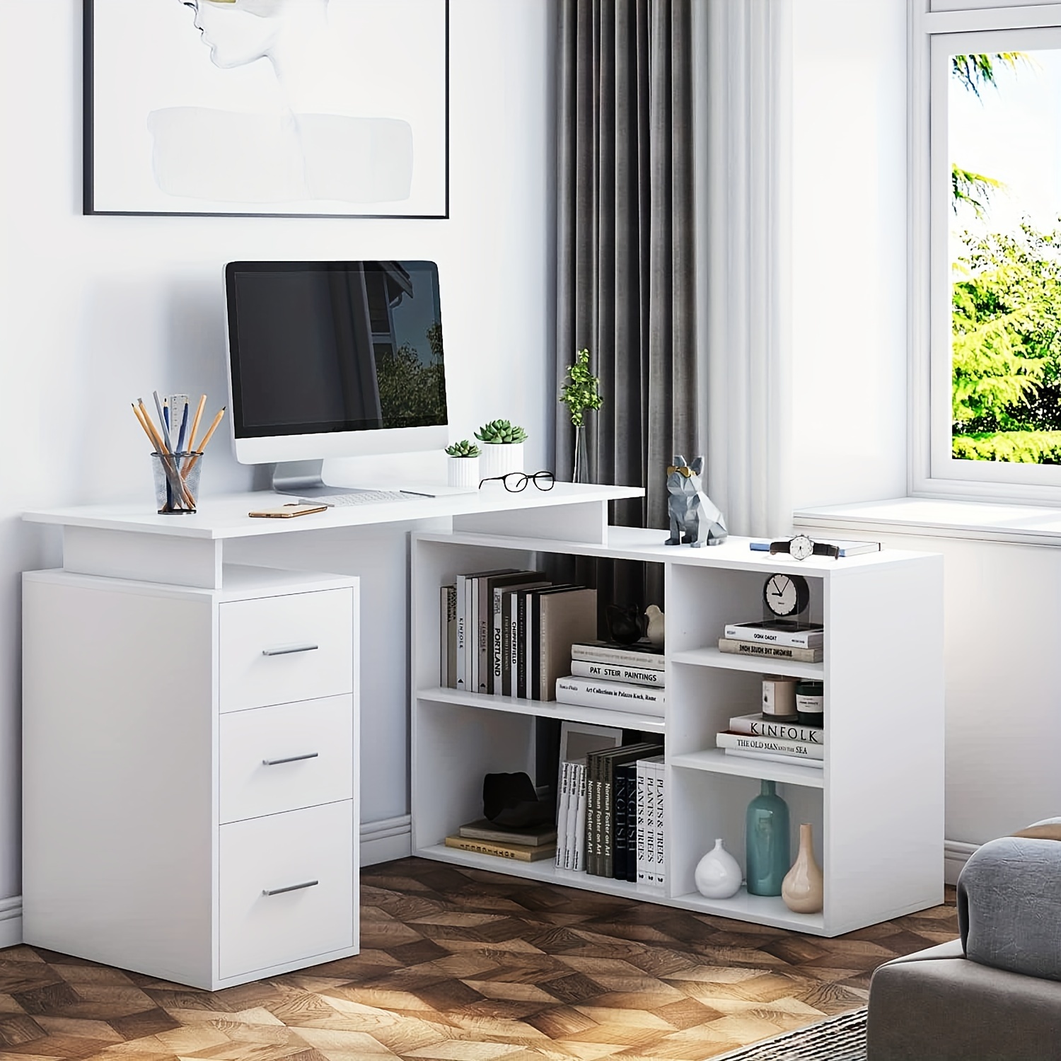 E-shop Kealive Großer L-förmiger Schreibtisch mit Regalen & Schubladen, Modernes Weißes Eck-Computertisch für Büro, , Schlafzimmer, Geräumiger