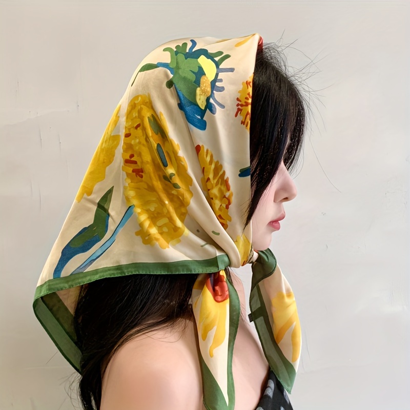 

Vibrant Sunflower Oil Painting Style Women’ Scarf - Bohemian Polyester Head Wrap, Breathable & Versatile For Beach Or Casual , Beach Accessories