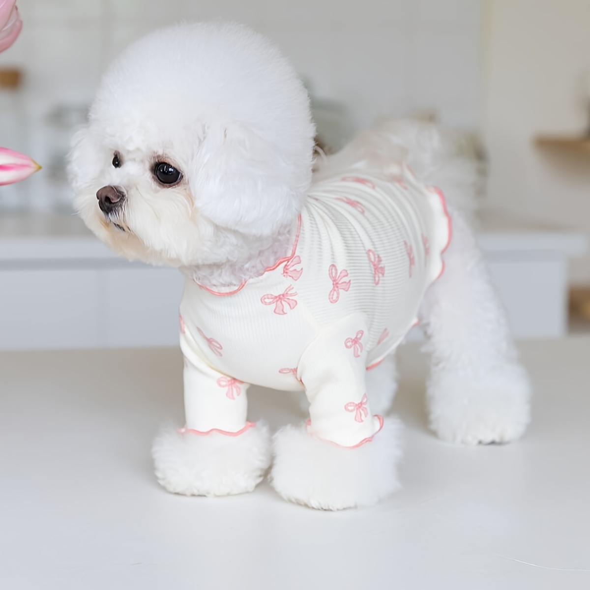 

Polyester Knit Dog Shirt With Bowknot Design, Machine Washable, Pullover Style For Small Breeds, Mini & Toy Dogs - Wear