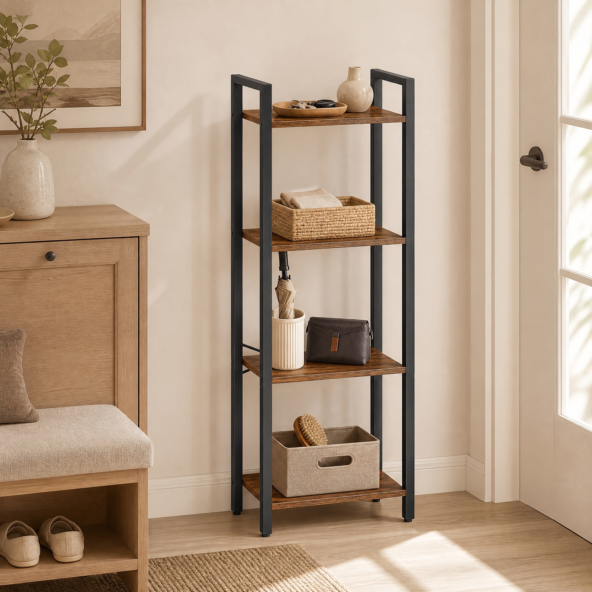 4-tier Storage Shelf, Freestanding Bookcase For Home Office, Living Room, , 40 X 24 X 107cm, Tan And Black