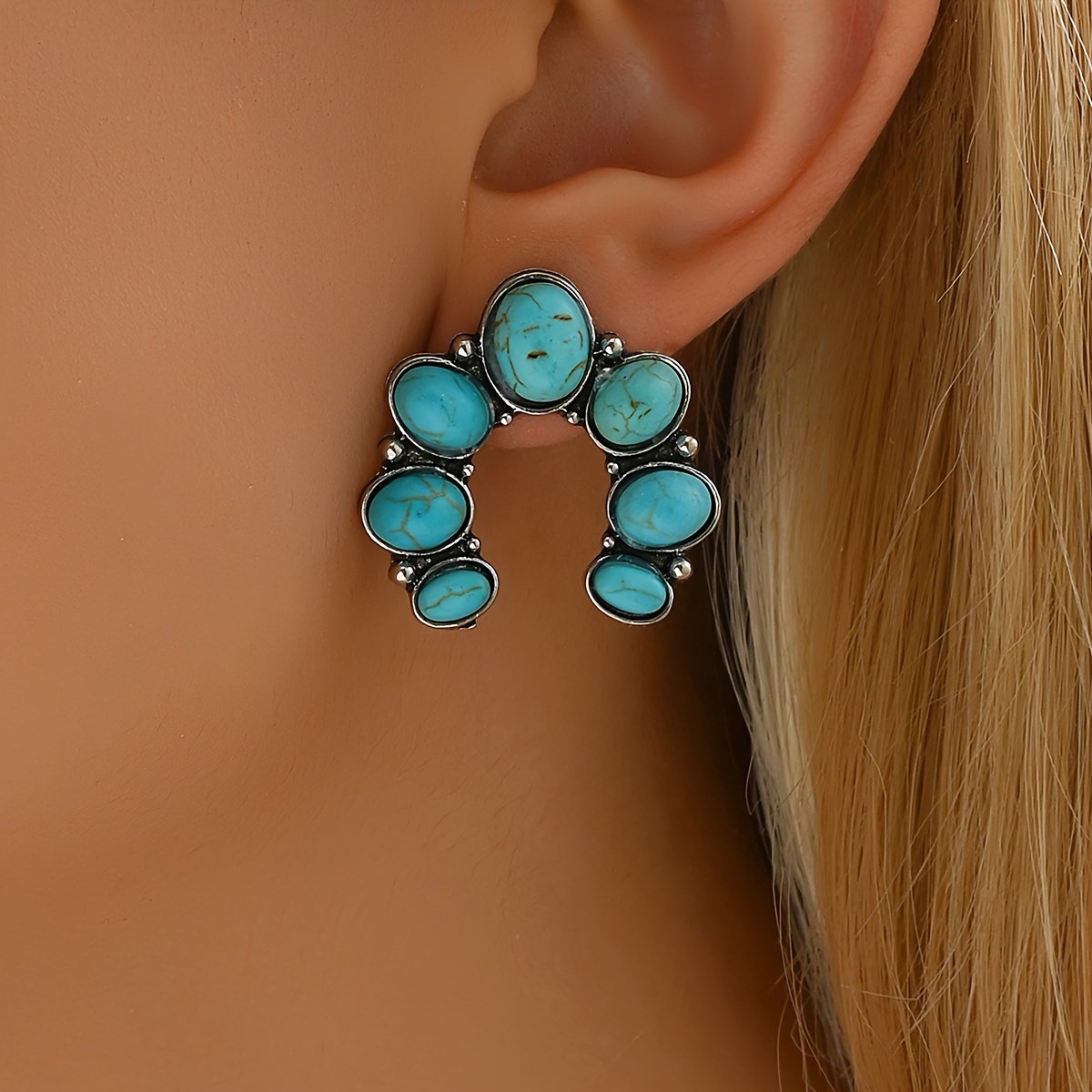 

Bohemian Turquoise Earrings For Women, Vintage Style U-shaped Flower Design, Ethnic Boho Chic Jewelry, Casual Resort Fashion Accessory