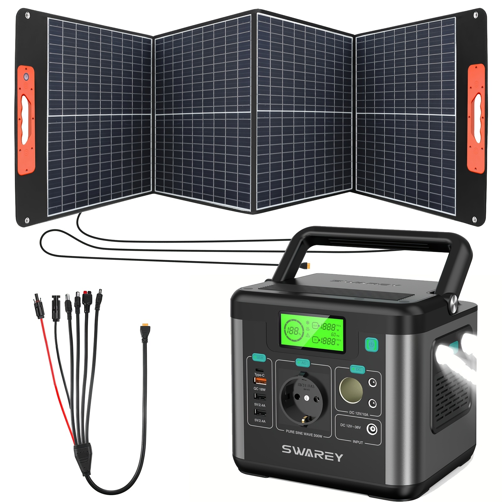 Swarey Portable 222wh Power Station With Foldable Solar Panel, Solar Generator With 300 W Ac/usb-c Output, Solar Power Station For Camping, Motorhome, Off-grid