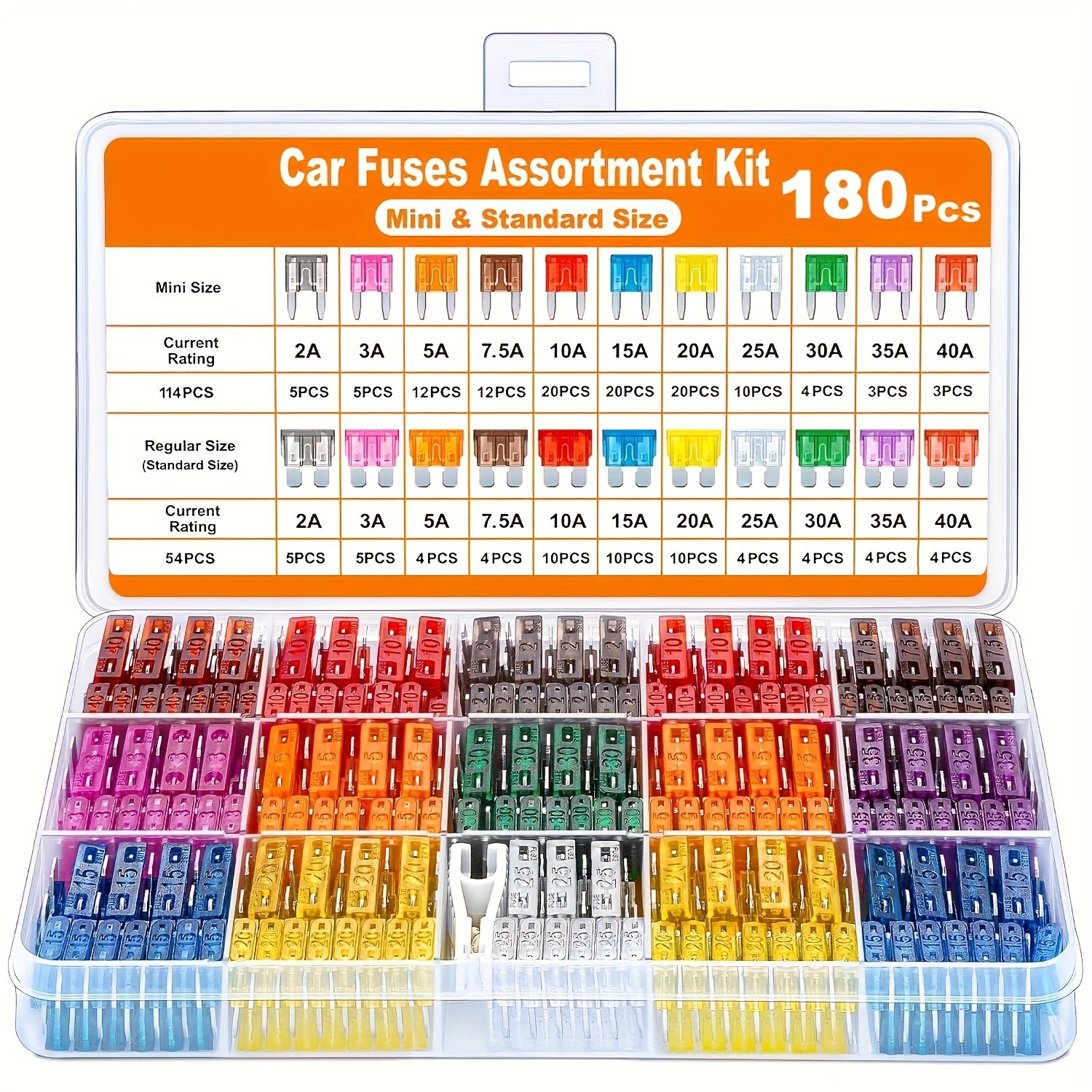 Image of Automotive Fuse Kit, 180pcs, Assorted Set, 116 Mini Blade Fuses, 64 Standard Automotive Fuses, Includes 1 Fuse Puller For Cars, Rvs, Trucks, Motorcycles, And Boats