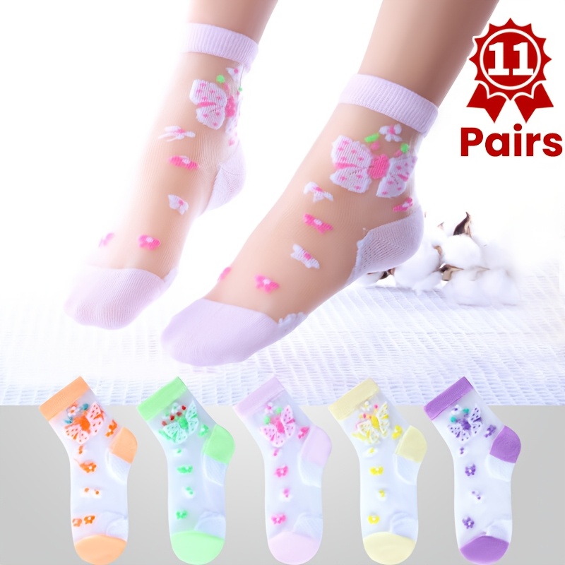 Image of 11 Pairs Summer Ultra-thin Kids Socks, Girls' Glass Fiber Mid-calf Socks With Cute Print, Breathable, Soft, Lightweight & Comfortable, Color Random