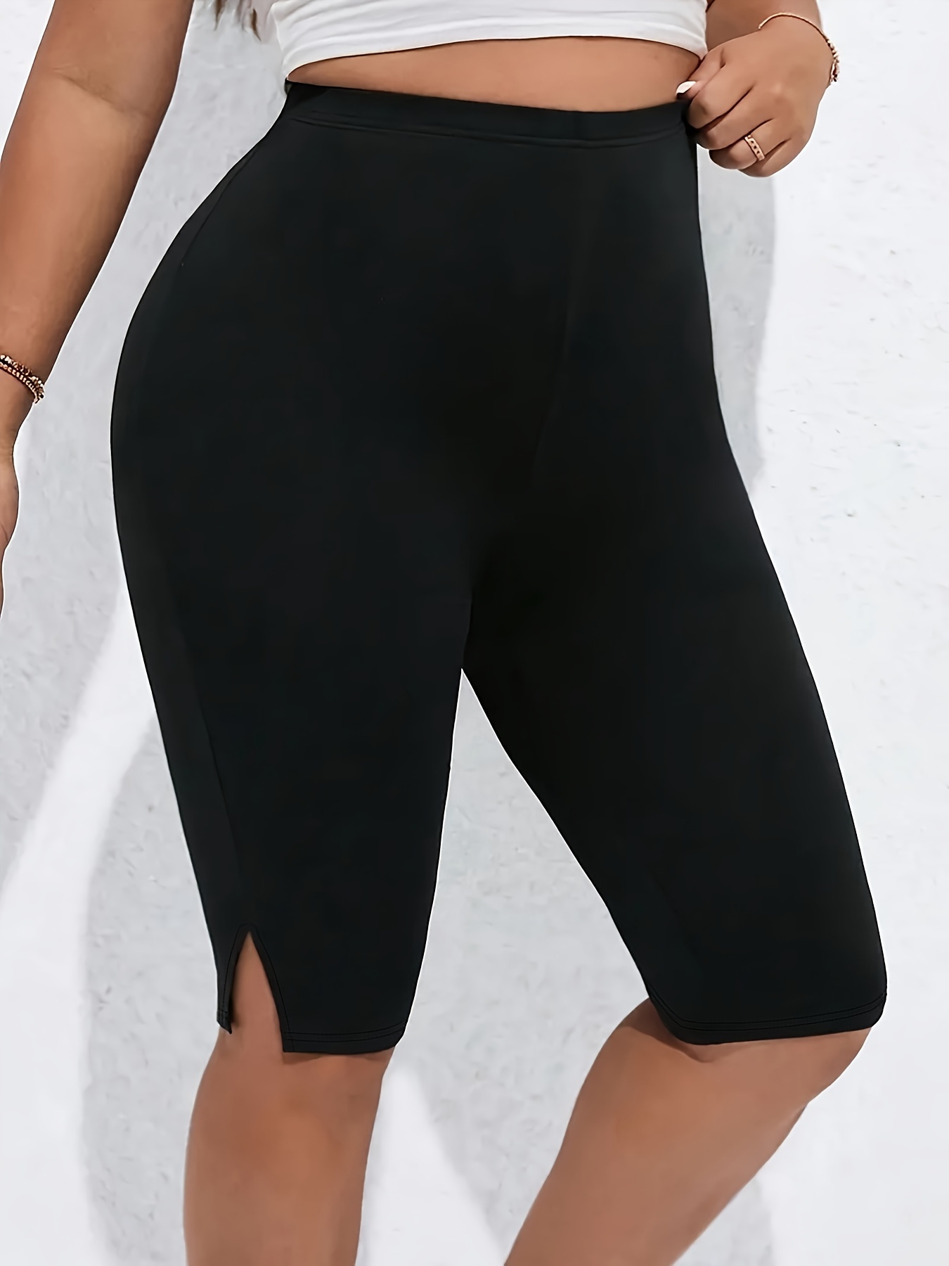 Plus Size Solid Skinny Slit Leggings, Casual High Waist Stretchy Leggings, Women's Plus Size Clothing