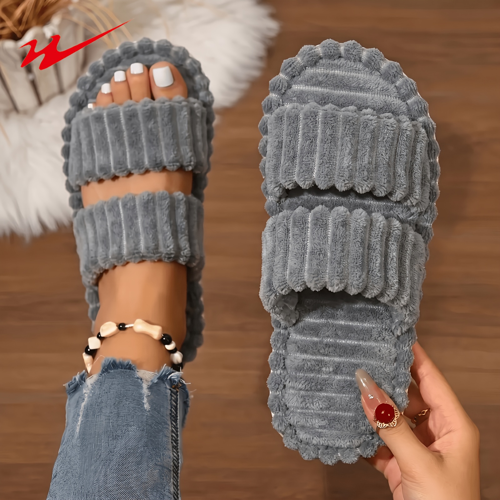 womens plush striped slippers soft warm indoor shoes   soft fabric upper lining   floor casual footwear women shoes