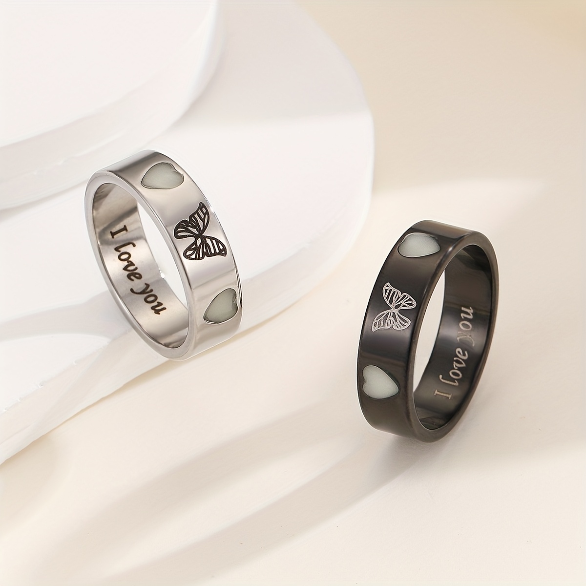 TEMU -dark Heart And Hollow Pattern 2pcs Set "i Love You" Letter Women's Ring Love Promise Ring Women's Additions