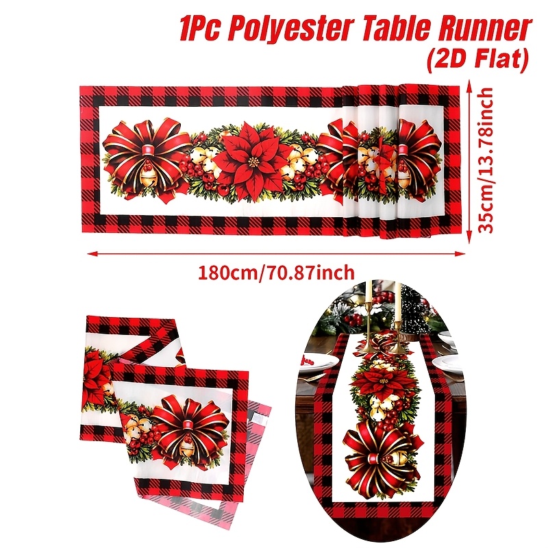 TEMU 2d Flat, Christmas Party Tablecloth, Bow And Poinsettia Patterns Table Runner, Table Decor For Dining Table, Perfect For Xmas Party Decor, Table