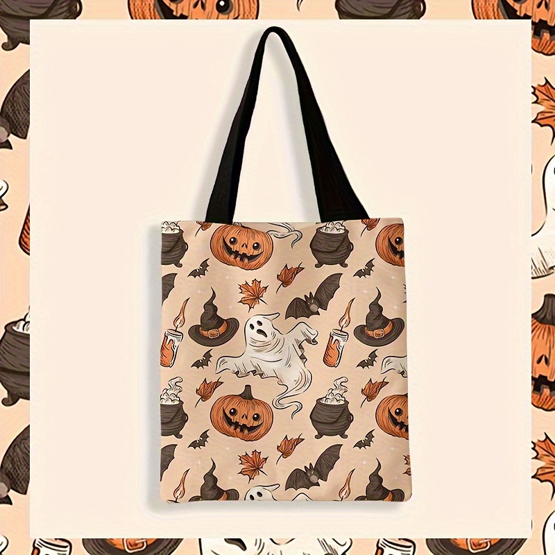 

Pumpkin Ghost Bat Pattern Printed Casual Tote Bag, Reusable Fashion Backpack, Multi Functional Handbag, Alphabet Printed Canvas Shopping Bag