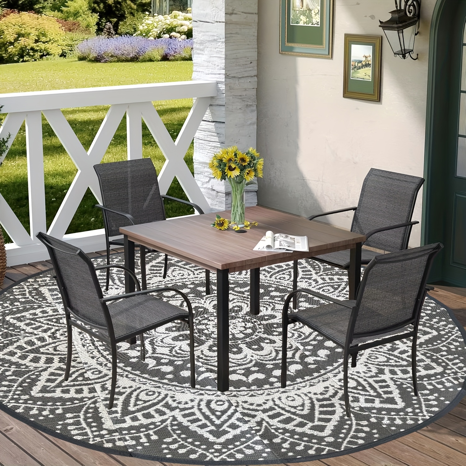 Image of Outdoor Mat 6x6ft, Plastic Reversible Mat, Modern Area Mat, Outdoor Large Floor Mat, Camping, Backyard, Deck, Picnic, Beach, Camping, Gray And White Round Floral Floor Mat-1pc