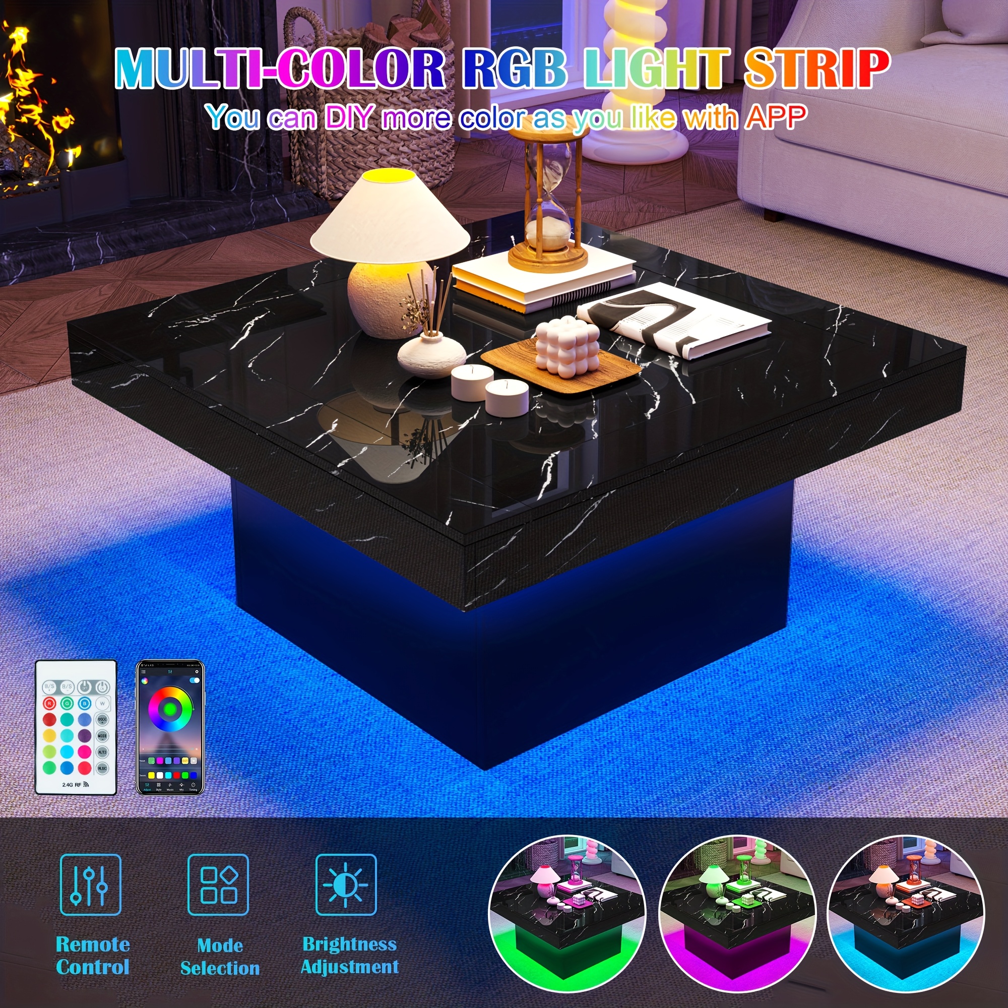 Modern Luxury Low-Profile Square Coffee Table with LED Lights - Space-Saving Faux Marble Top & Engineered Wood Base Suitable for Small Spaces, Compact Living Room Center Table, Assembly, Black/Brown