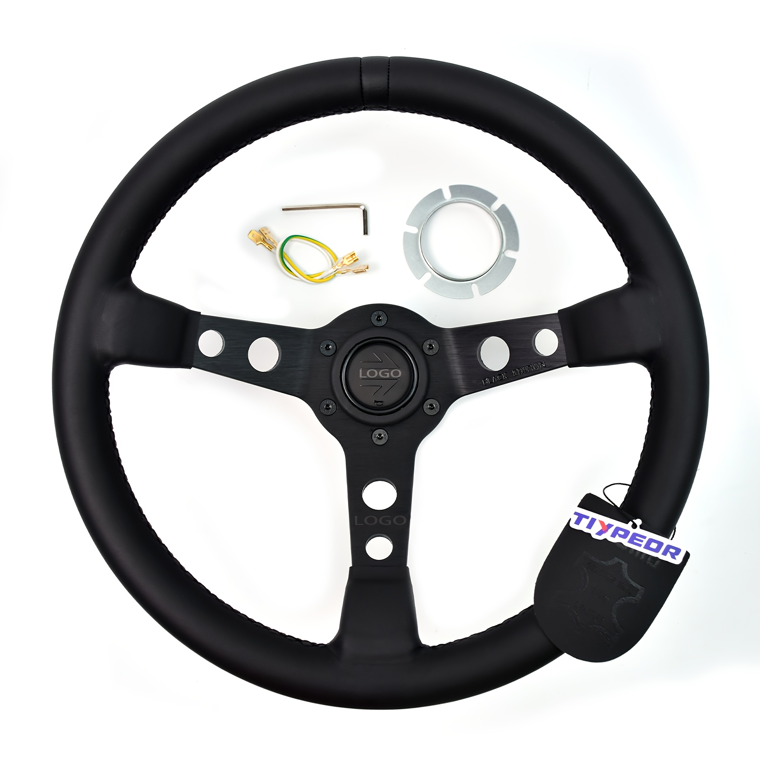 TEMU Volante de carreras JDM negro de 350 mm 13.78" - Cuero de microfibra estilo M.O, diseño ergonómico con detalles metálicos, para modificación de